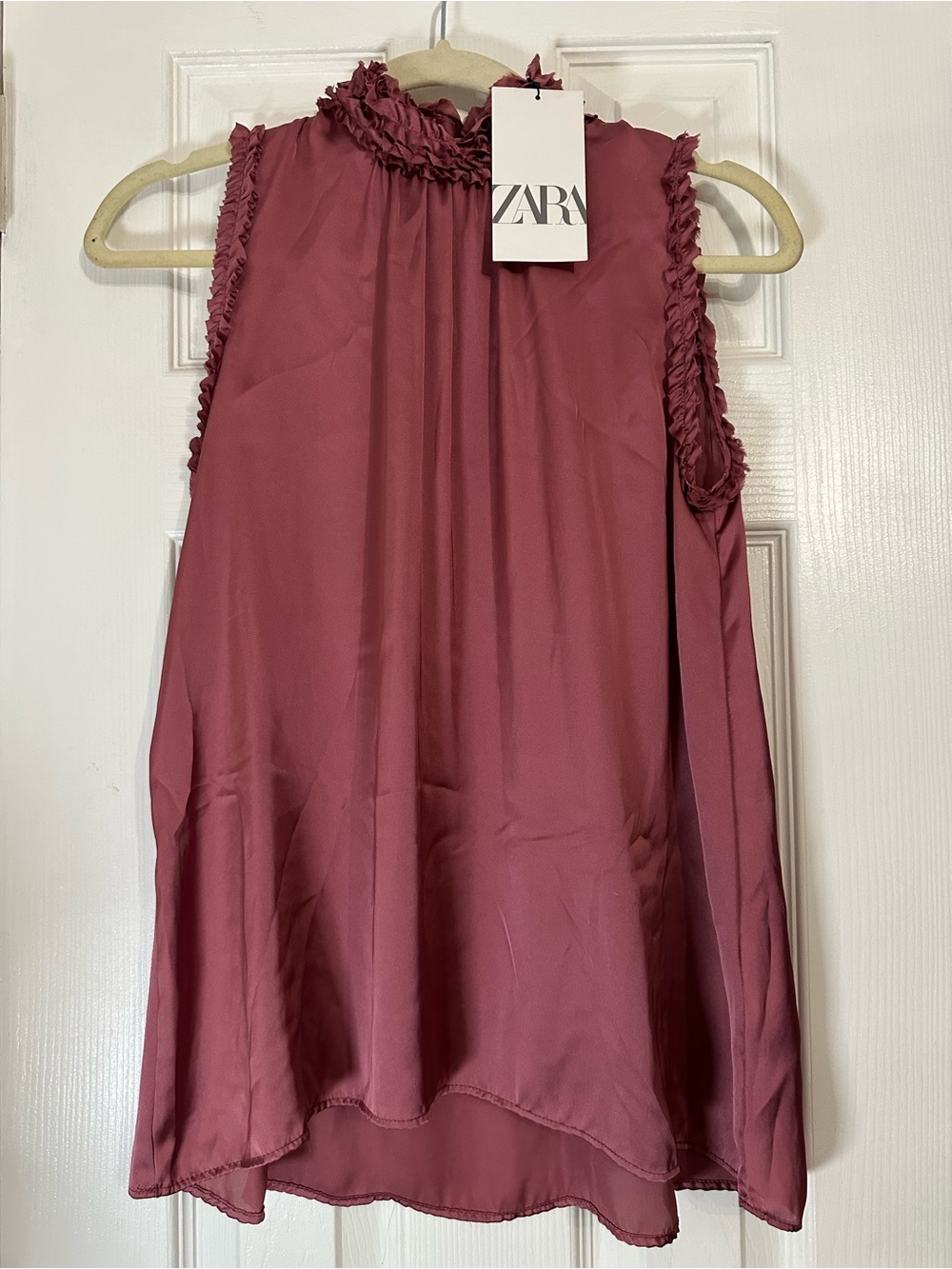 ZARA Ruffled Mock Neck Sleeveless Top in Dusty Rose